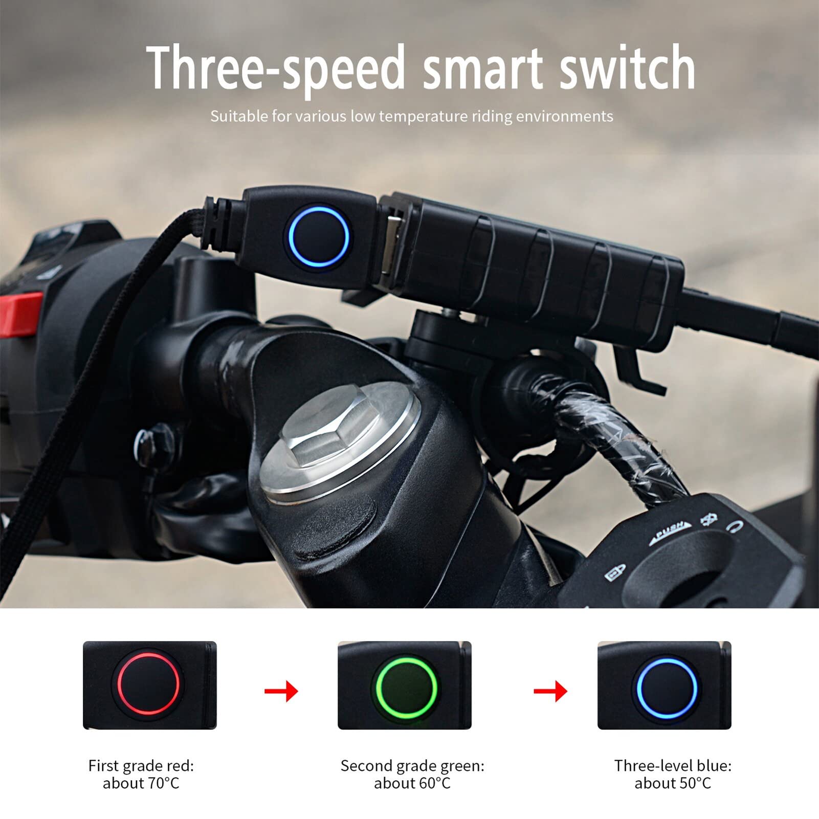 Manopole riscaldate per moto Scaldamani invernali Smart Switch a tre velocità IP67 Impermeabile antiscivolo Ricarica USB per la guida con tempo freddo