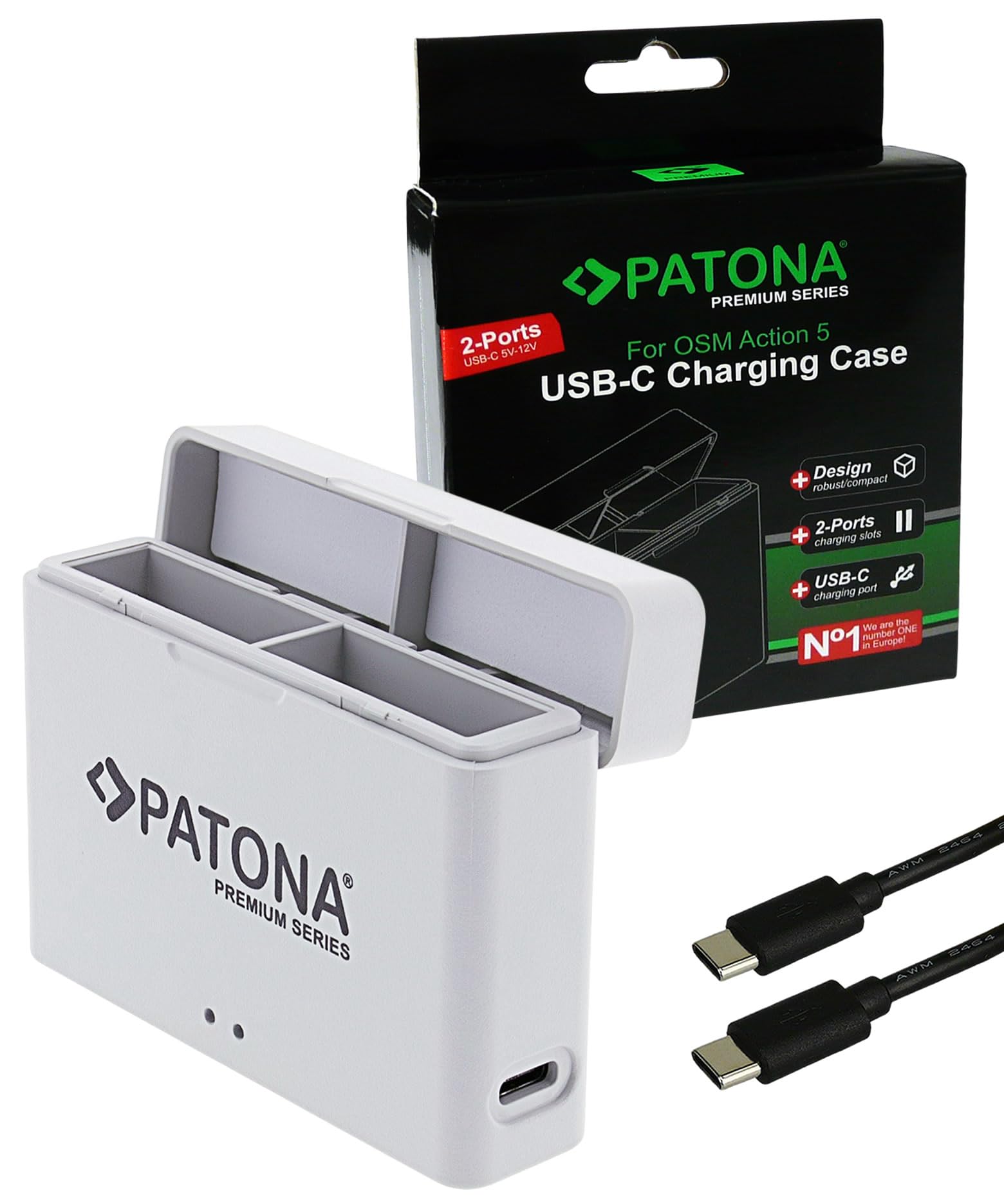 PATONA Premium Dual Charging Box per DJI Osmo Action 3 4 5 6 – Caricatore con connessione USB-C e indicatore di carica – per 2 batterie BCX202, ricarica sicura grazie al sistema MCU, cavo USB C