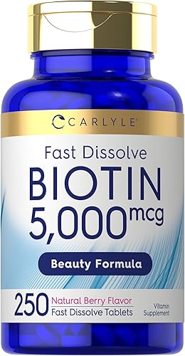 Carlyle Biotin 5000mcg  250 tabletas de disolución rápida  Suplemento para hombres y mujeres  Vegetariano, sin OMG, sin gluten