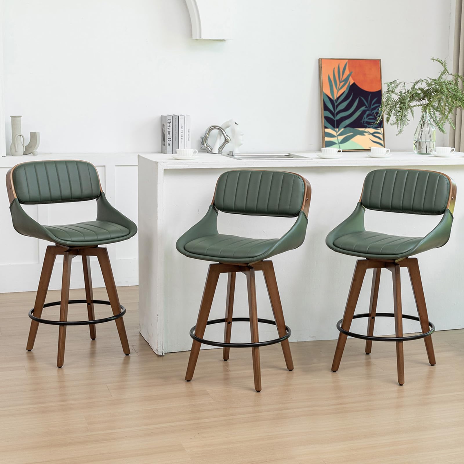 Set of 3 Counter Height Bar Stools - 26.4 inch Mid Century Modern CounterStools with Upholstered Faux Leather, Walnut Crafts, Bamboo Legs, Kitchen