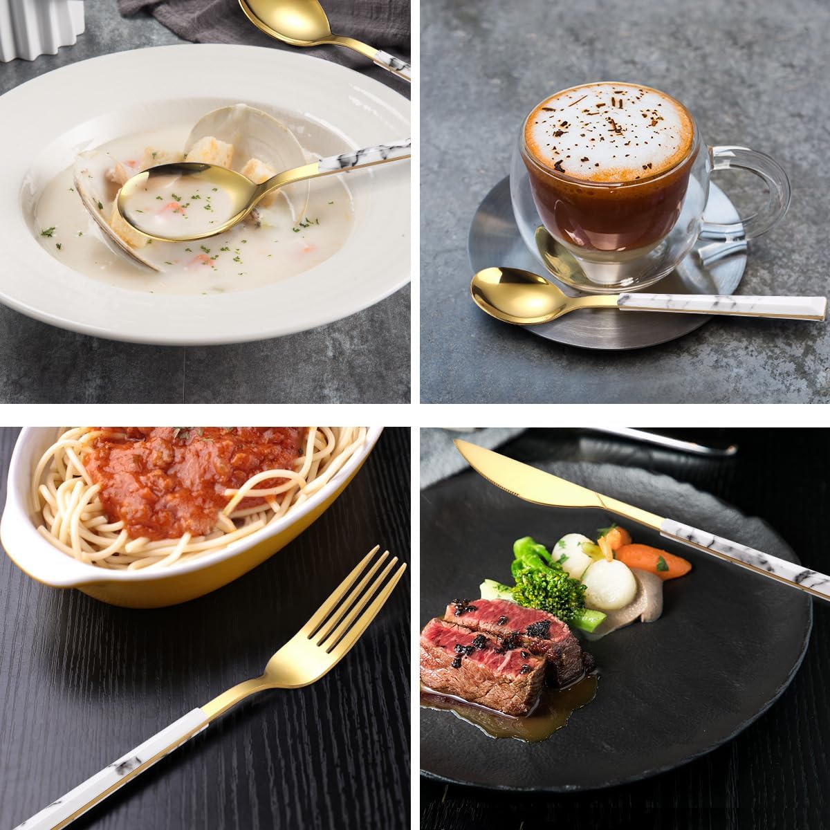 Silverware Flatware Set, 4/16/24/32/40/48 Pieces Plastic Handle Stainless Steel Tableware Set Home Golden Hotel Restaurant Home Steak Knife, Fork And Spoon(White Silver,6Set-24Pcs)