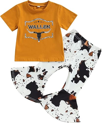 fhutpw Conjunto de camiseta de manga corta con estampado de vaca y pantalones acampanados de dibujos animados para niñas pequeñas