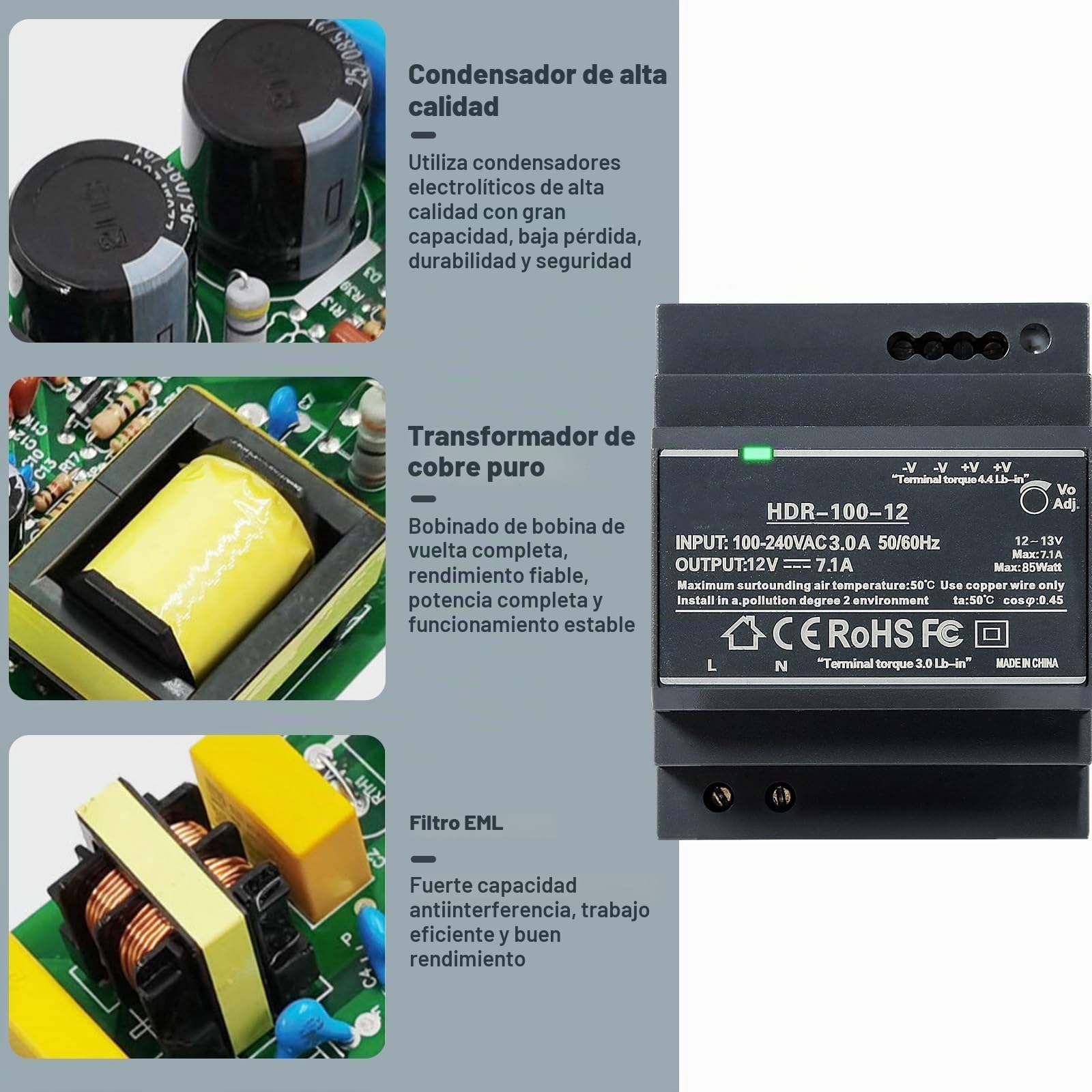 DEWIN Fuente de Alimentación DIN DC 12V 7.1A 100W Transformador 220v a 12v para montaje en carril DIN, Entrada de CA 100V-240V, Salida de CC 12V, HDR-100-12