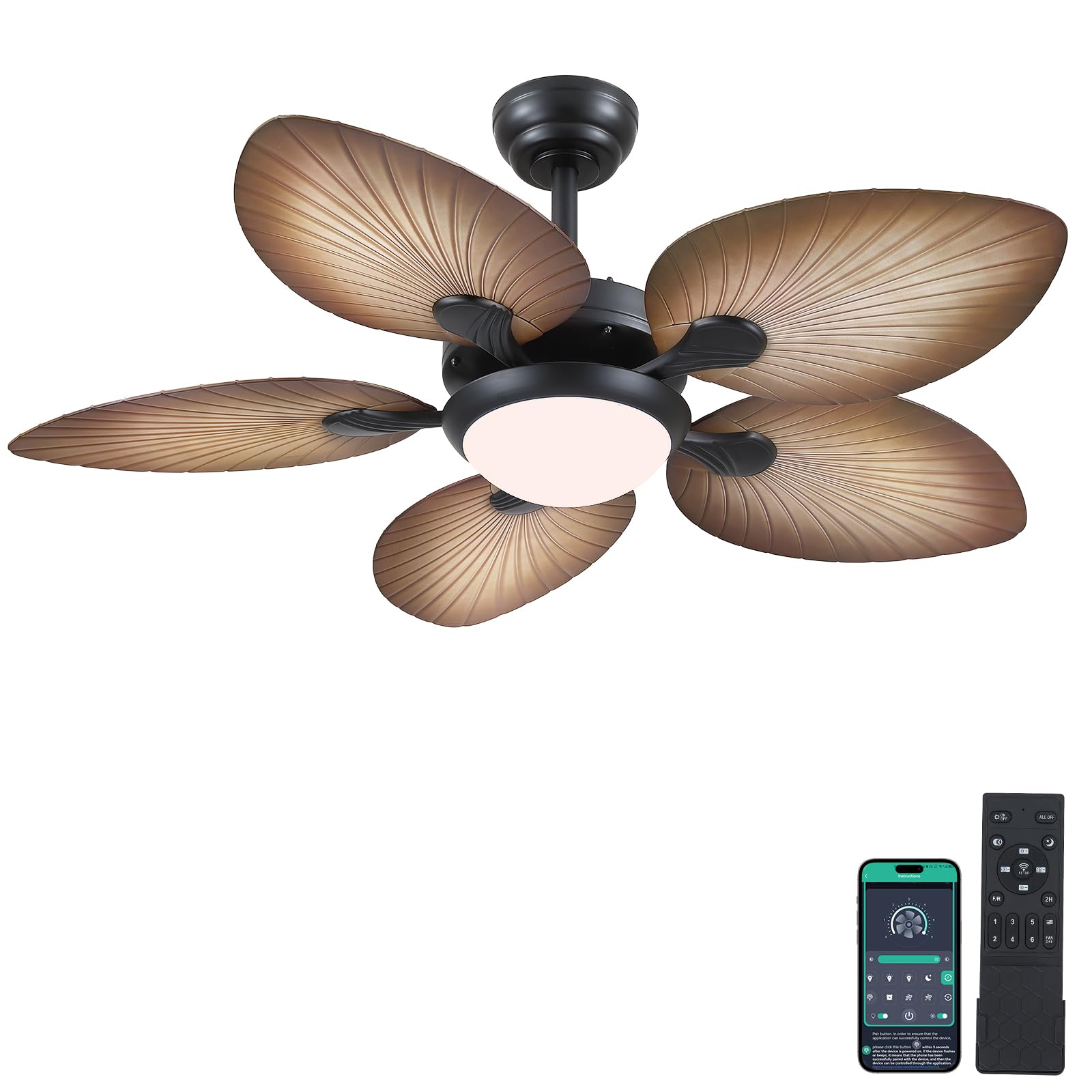 Tropical Ceiling Fans with Lights and Remote/APP Control, 44 Inch Palm Leaf Ceiling Fan with LED Lights, Outdoor Ceiling Fans for Patios Porch, Reversible Quiet Motor, Dimmable, Wood Grain
