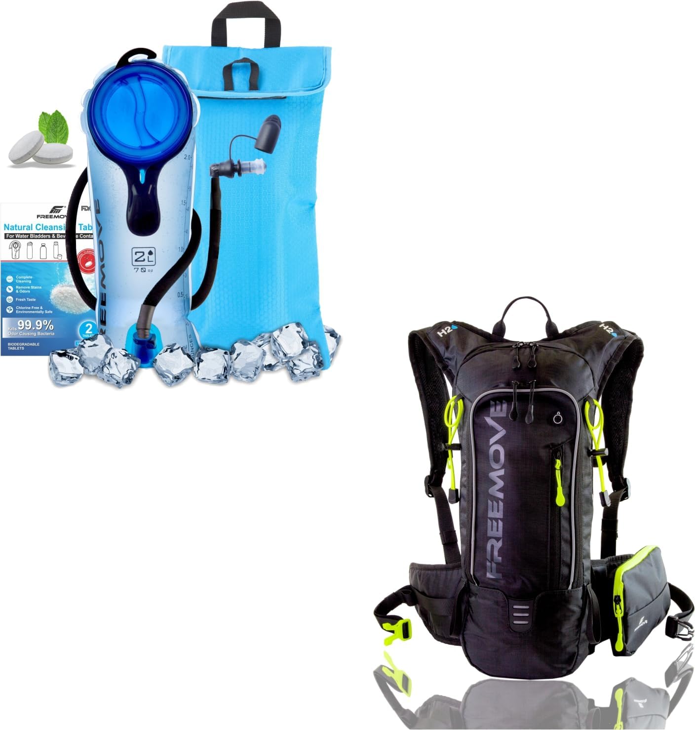 FREEMOVE 2L Hydration Bladder with Cooler Bag - BLUE + Daypack Backpack - BLACK, 10L Capacity & Many Compartments