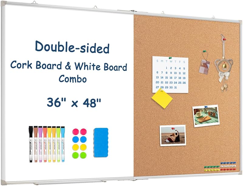 Pizarra blanca grande de corcho plegable de borrado en seco Combo 48x36 para pared | Pizarra blanca de borrado en seco, tablero de anuncios combinado, doble cara, colgante magnético para pared, escuela, hogar, oficina, kit completo