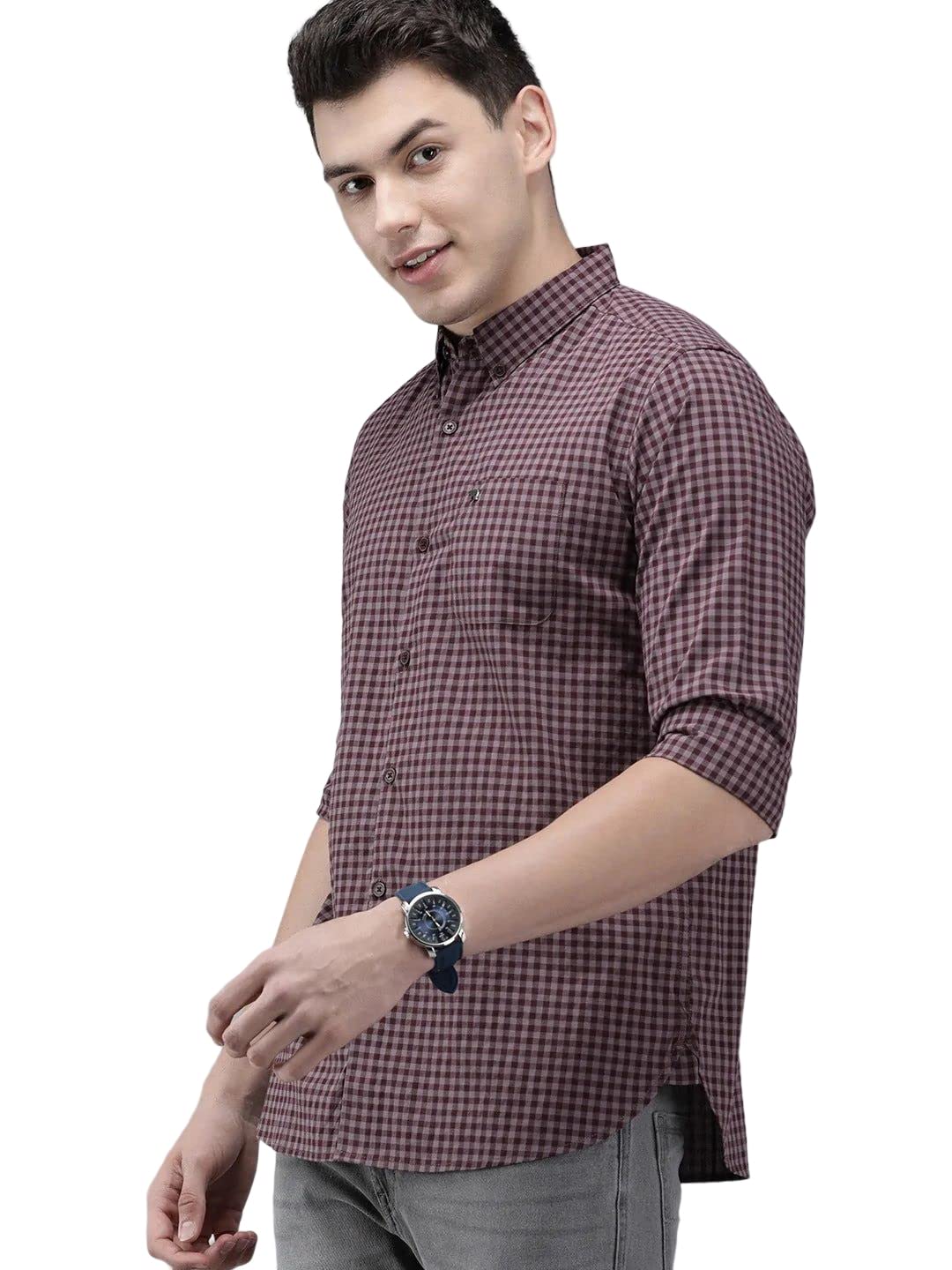 THE BEAR HOUSE Men’s Maroon Cotton Slim Fit Button-Down Casual Shirt