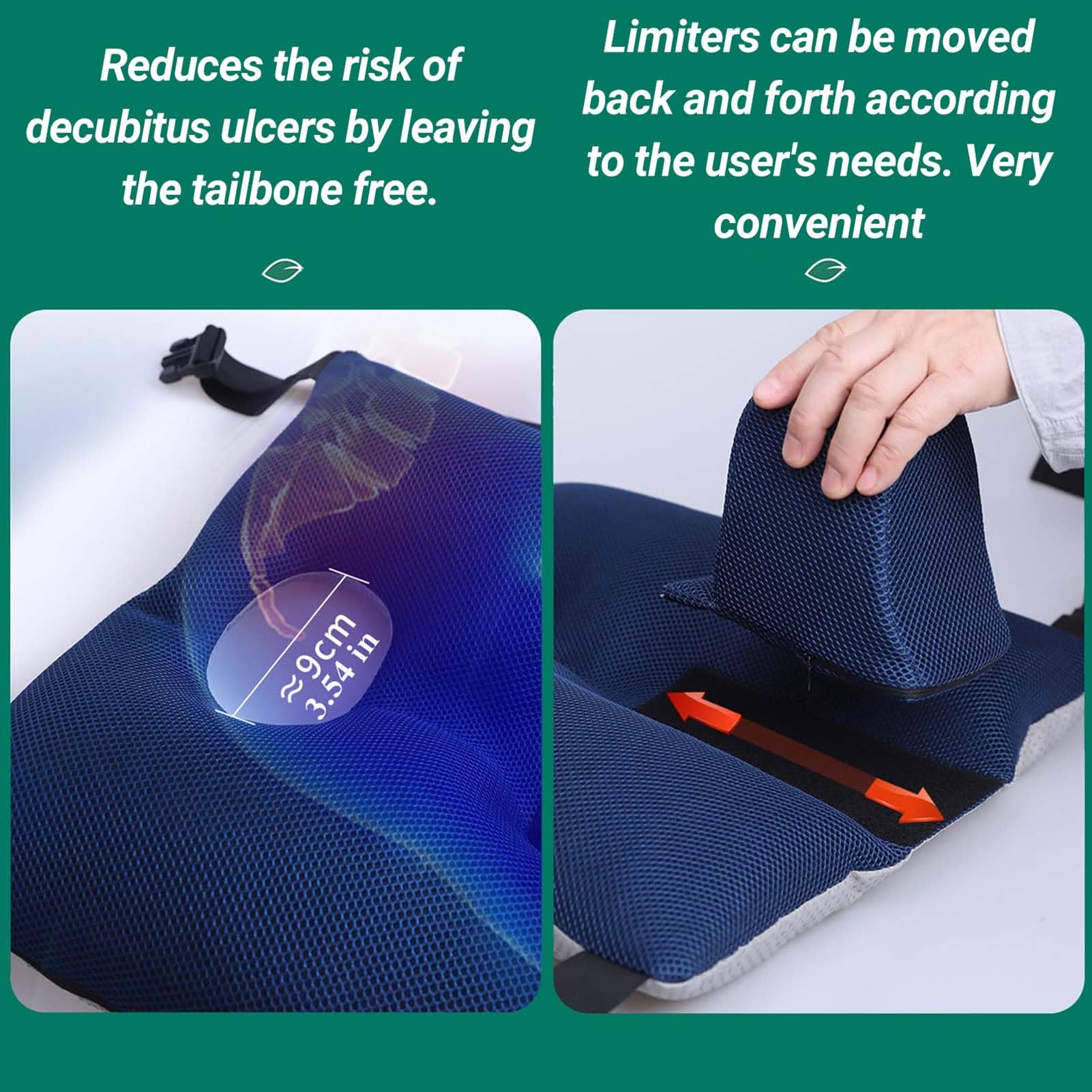 Cojín para silla de ruedas, diseño antideslizante, limitador ajustable, prevención de úlceras, alivio de presión, mayor comodidad y estabilidad
