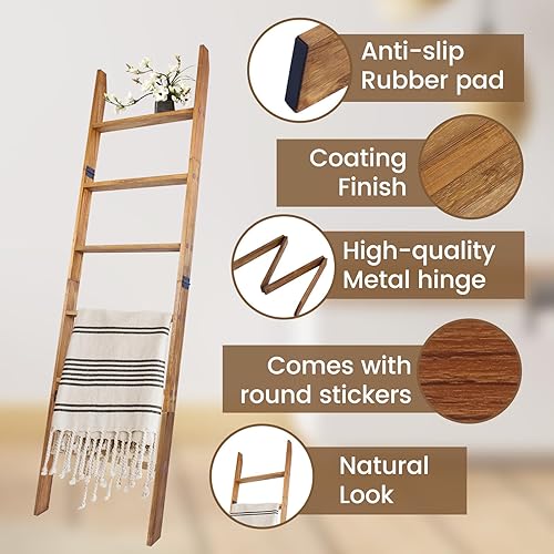 Miniatura 48 de Escalera para mantas, soporte de edredón de madera de 6 niveles, estante decorativo para escalera, estante inclinado, estante de almacenamiento