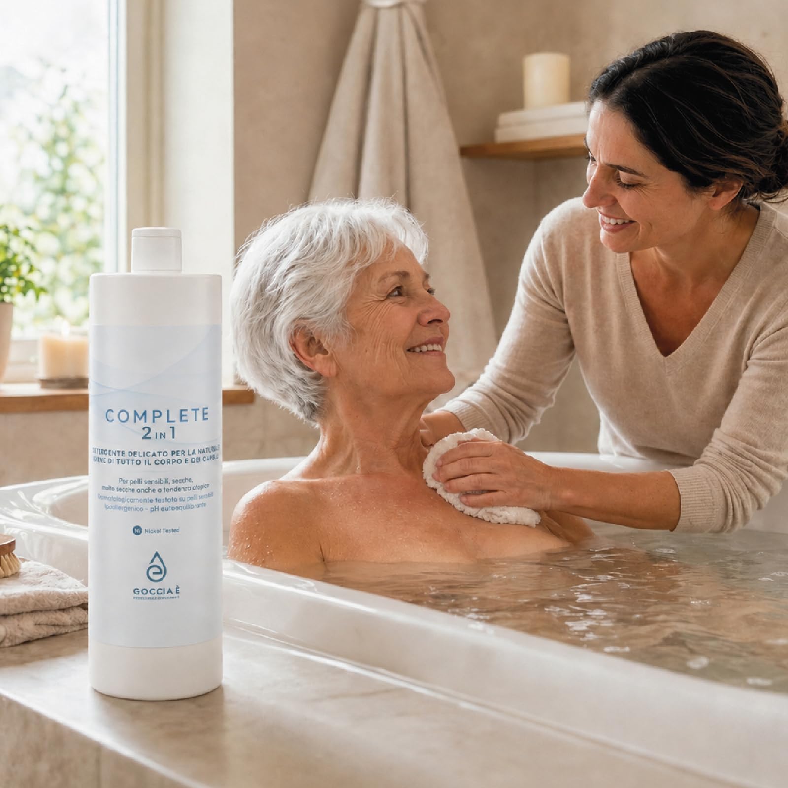 GOCCIA È - Complete 2 in 1 Detergente Delicato per la naturale igiene di tutto il corpo e dei capelli. Ideale per la Pelle Fragile e Sensibile con Tensioattivi Vegetali e Estratti Naturali 1000ml x 2