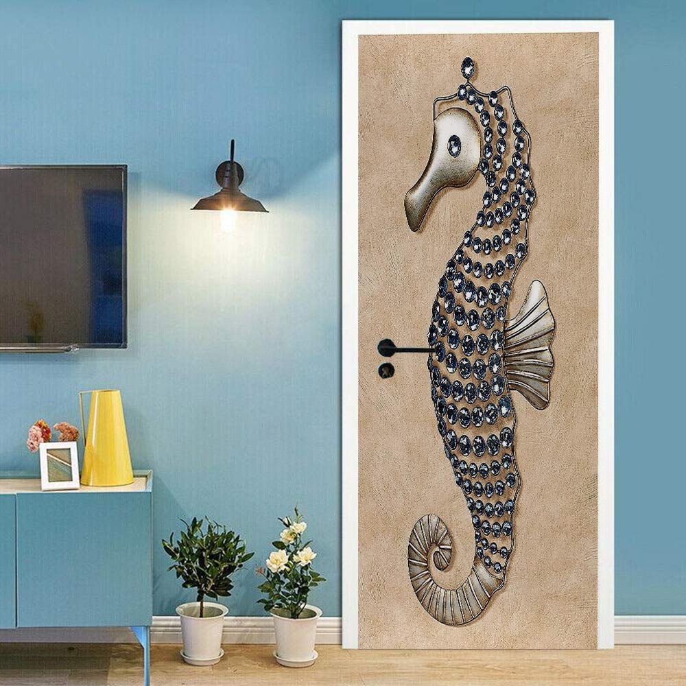 Sticker de porte hippocampe de diamant 88x200cm, papier peint trompe l'oeil imperméable