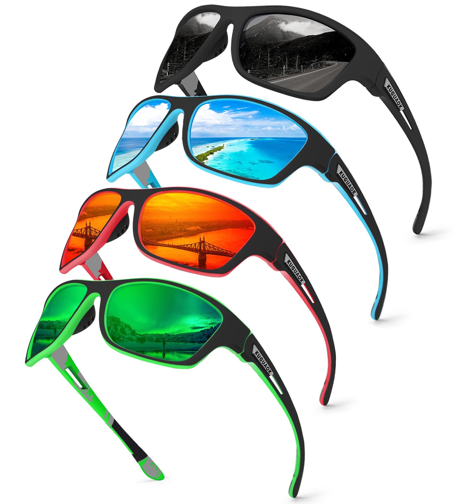 KUGUAOK Confezione da 4 occhiali da sole sportivi polarizzati da uomo protezione UV occhiali da sole avvolgenti da corsa