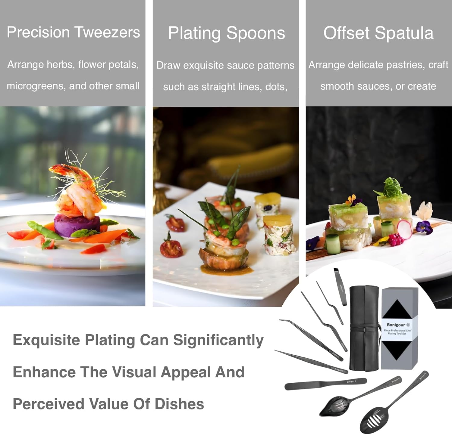 Chef Plating Tools,Professional Culinary Plating Tool Set,Chef Garnish Tools Kit,Fish Tweezers,Pastry Spatula,Cake Decorating Tweezers for Molecular Gastronomy (Black)