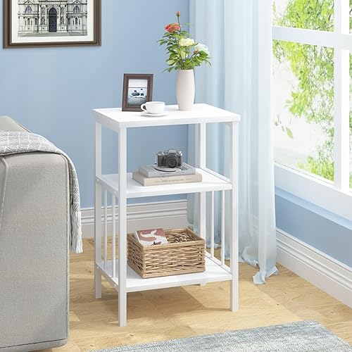 Miniatura 2 de LVB Juego de 2 mesas auxiliares pequeñas blancas, moderna mesita de noche delgada con estante de almacenamiento, mesita de noche estrecha de metal