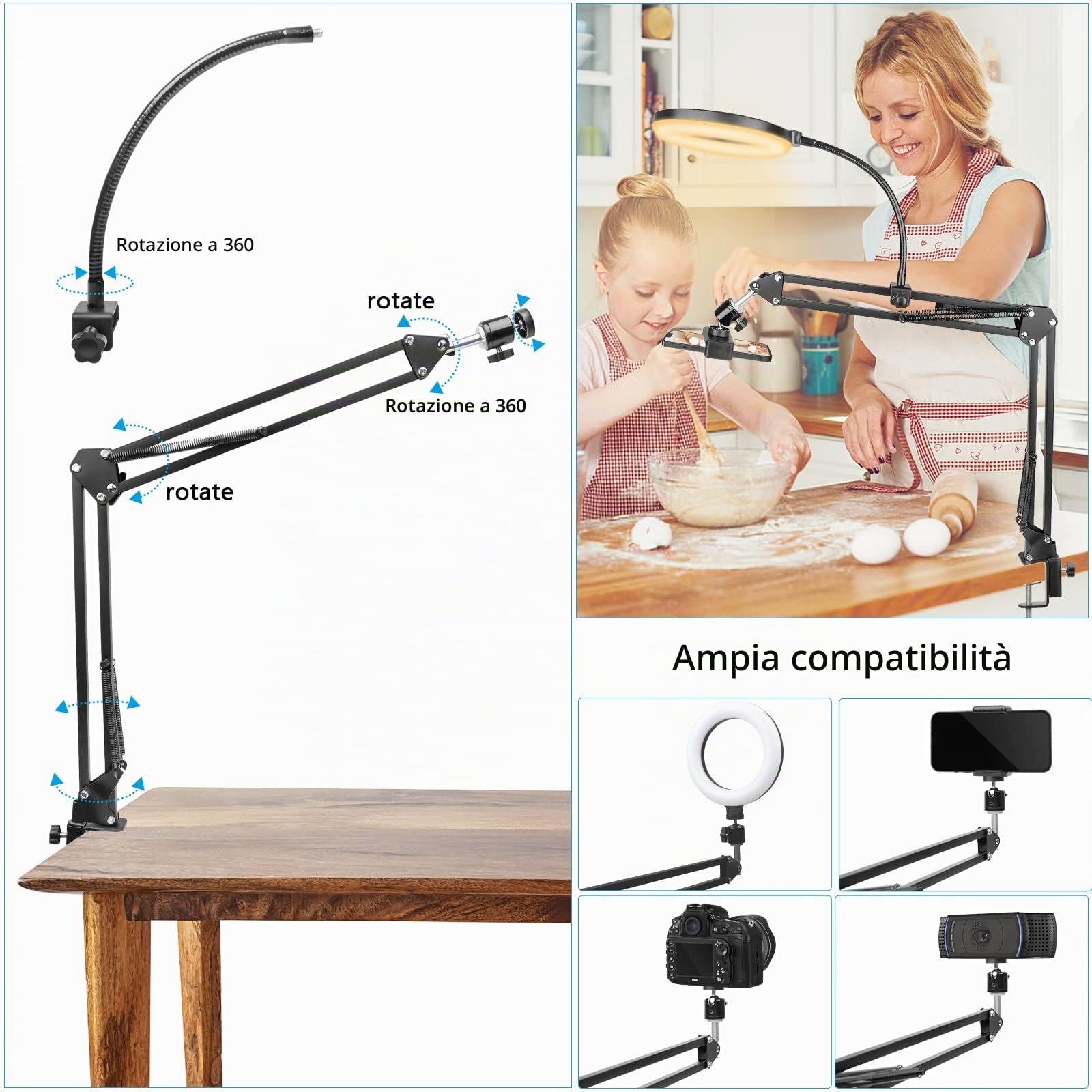 ChromLives - Supporto per telefono con luce ad anello, treppiede per registrazione video, braccio articolato flessibile, supporto per fotocamera con luce