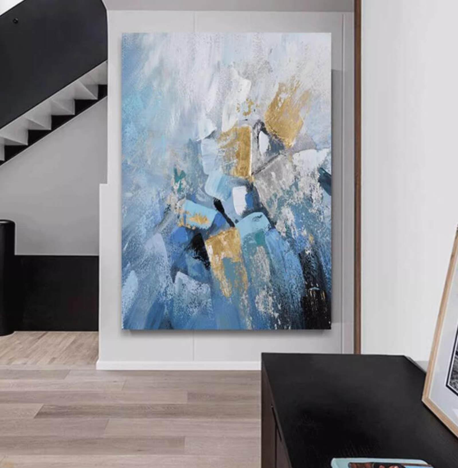 Peinture à l'huile texturée bleue style Wabi-Sabi poétique