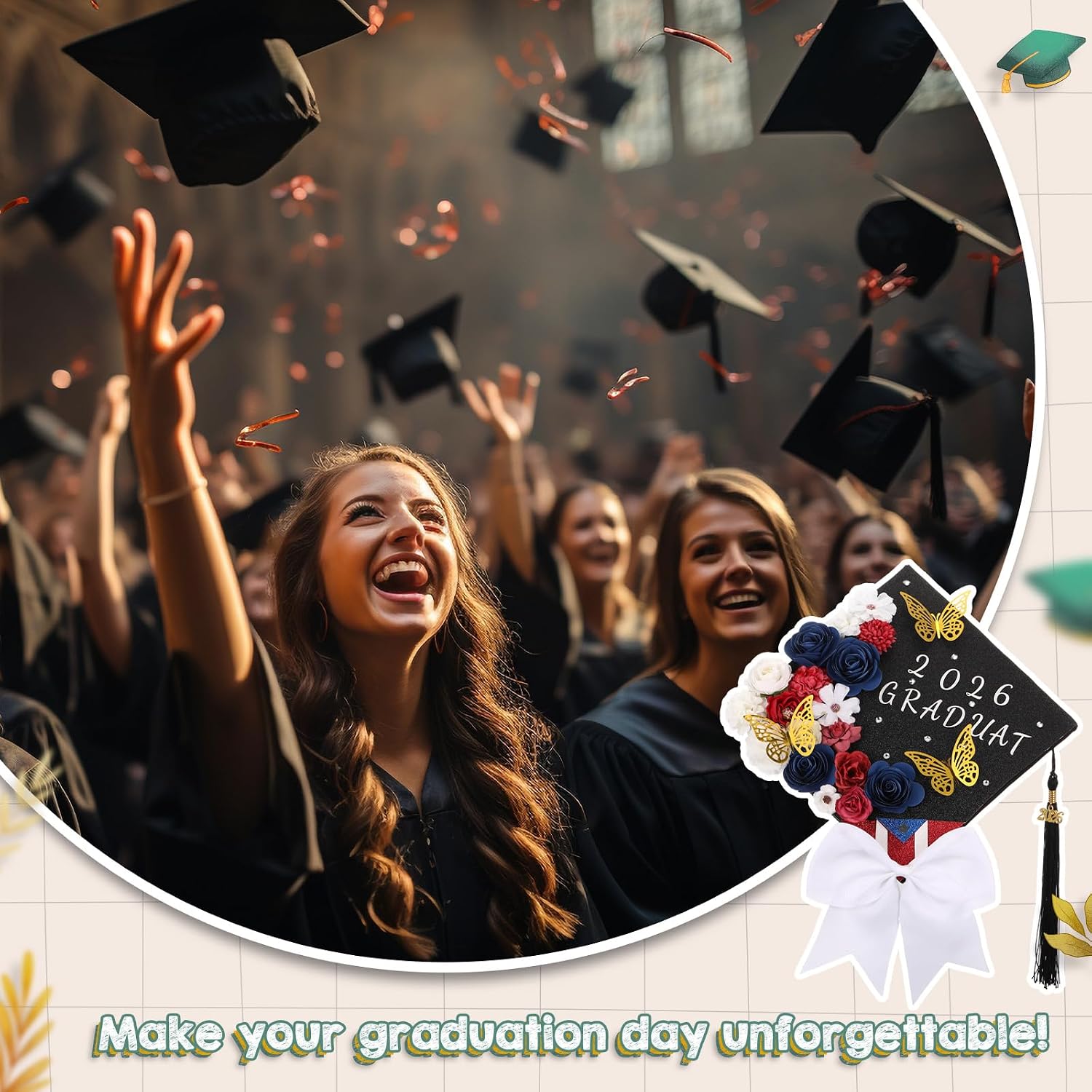 WinnerWhy 51Pcs DIY Puerto Rico Flag Graduation Cap Decorations 2026 Handmade Puerto Rico Grad Hat kit Included Faux Flower Heads Letter Number 3D Butterfly Stickers for Craft Graduation Cap Topper