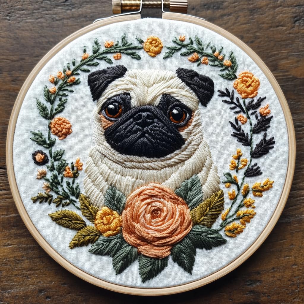 DIY Punch Needle Kits for Beginners Cute Pug Dog and Rose with Hoop Embroidery Punch Needle Starter Set Easy for Adults and Kids Festival Gift and Decor 20x20cm-1