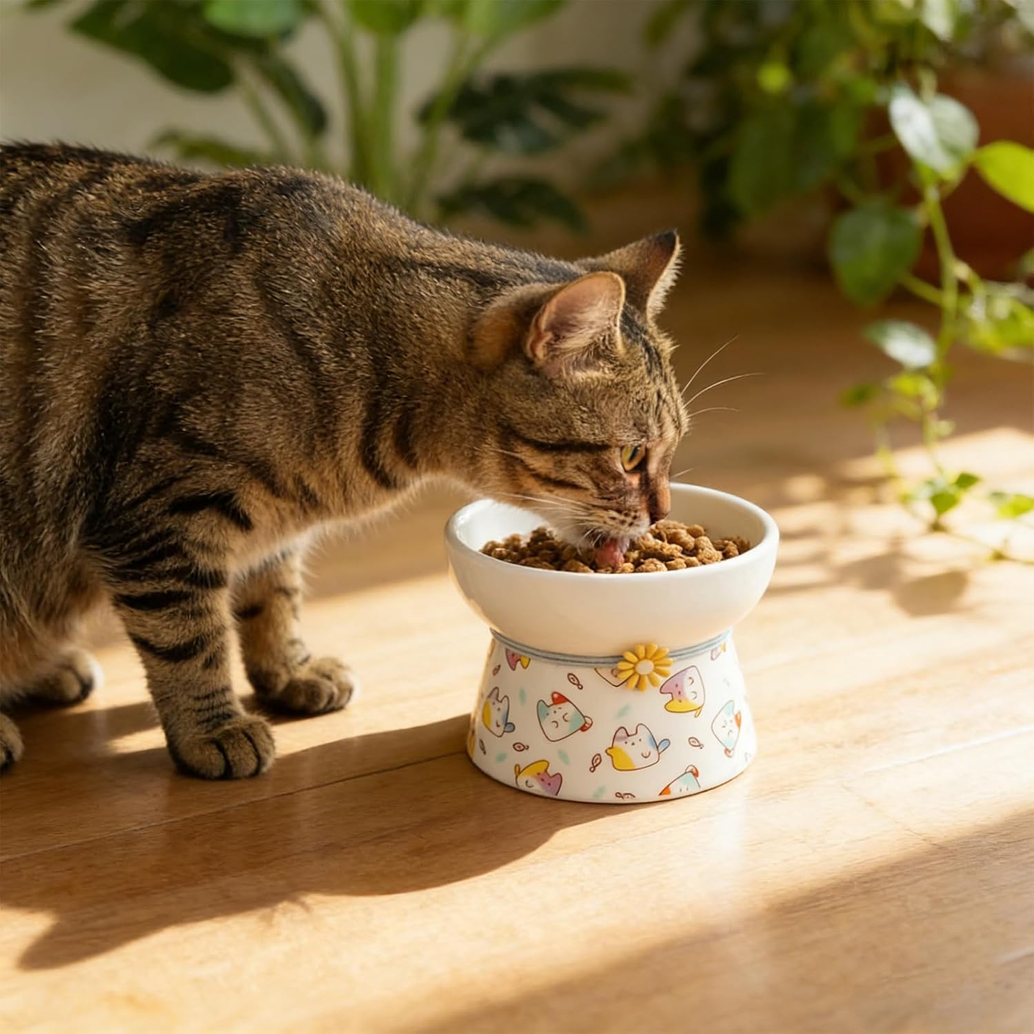 Elevated Ceramic Cat Bowls, 15°Raised Cat Food Bowl, Whisker Friendly Anti Vomiting Cats Dishes, Anti Vomiting & Protect Pet's Spine, Feeder Dish for Indoor Kitty and Small Dogs (Cat Pattern)