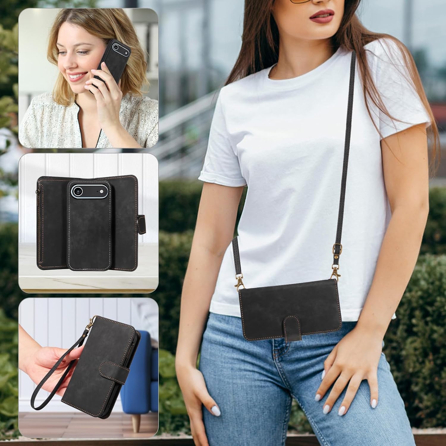 Phone Case for iPhone 17 Air 6.5 inch Zipper Wallet Magnetic Detachable Cell Cover with Screen Protector Crossbody Lanyard Strap Flip Card Holder Slot i Phone17 i17 17Air Women Men Girls Black