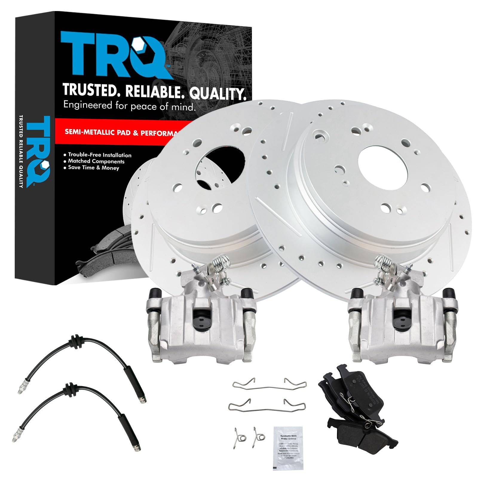 TRQ Performance Rear Brake Pad and Rotor Set Semi Metallic Slotted Drilled G Coated Calipers Compatible with 2009-2013 Mazda 3 S 2009-2013 3 MazdaSpeed