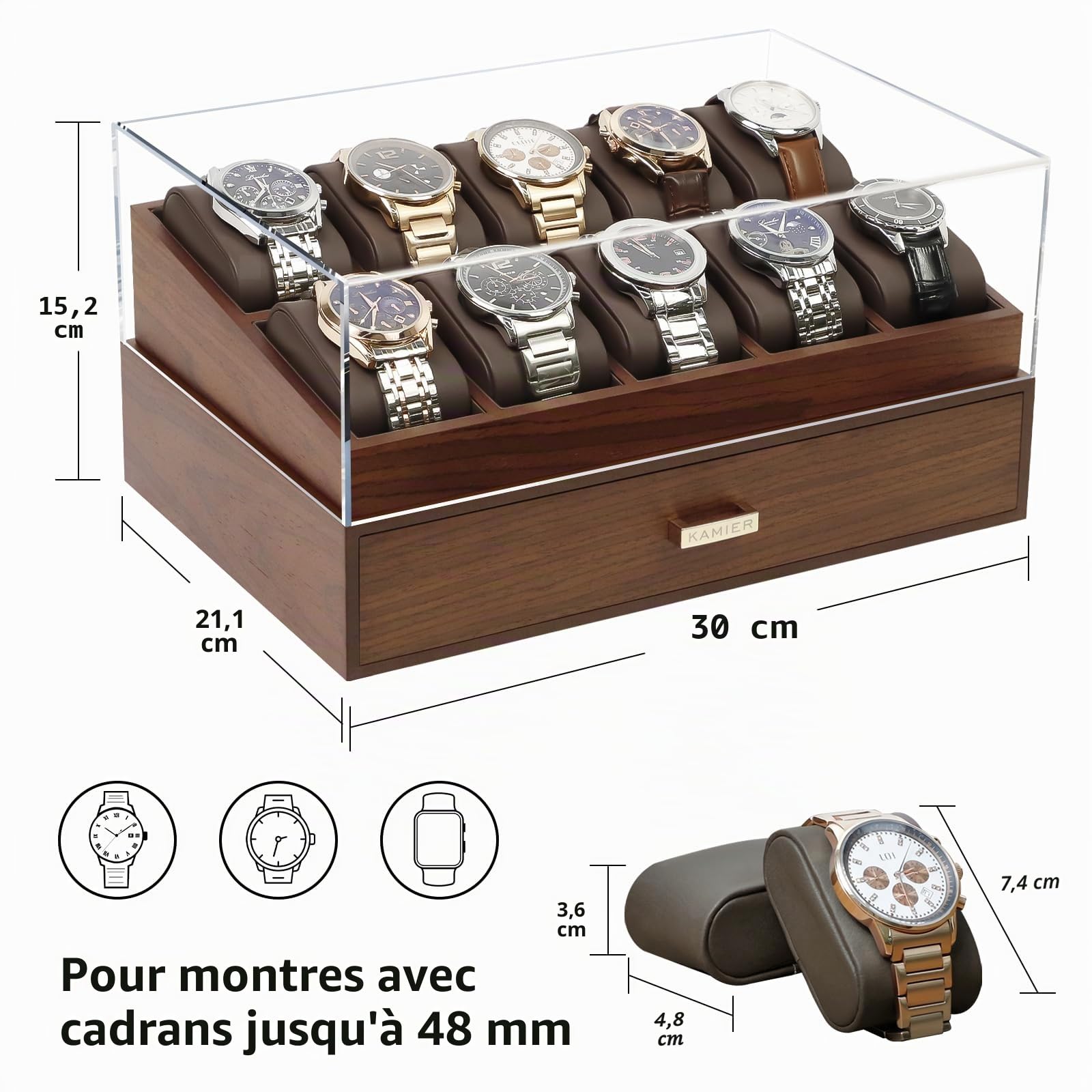 KAMIER Coffret Montres Homme, Bois 10 Emplacements, Écrin 2 Niveaux avec Couvercle Verre et Tiroir, Rangement Montres, Bagues et Lunettes de Soleil, Cadeau Élégant Homme Femme - Noyer