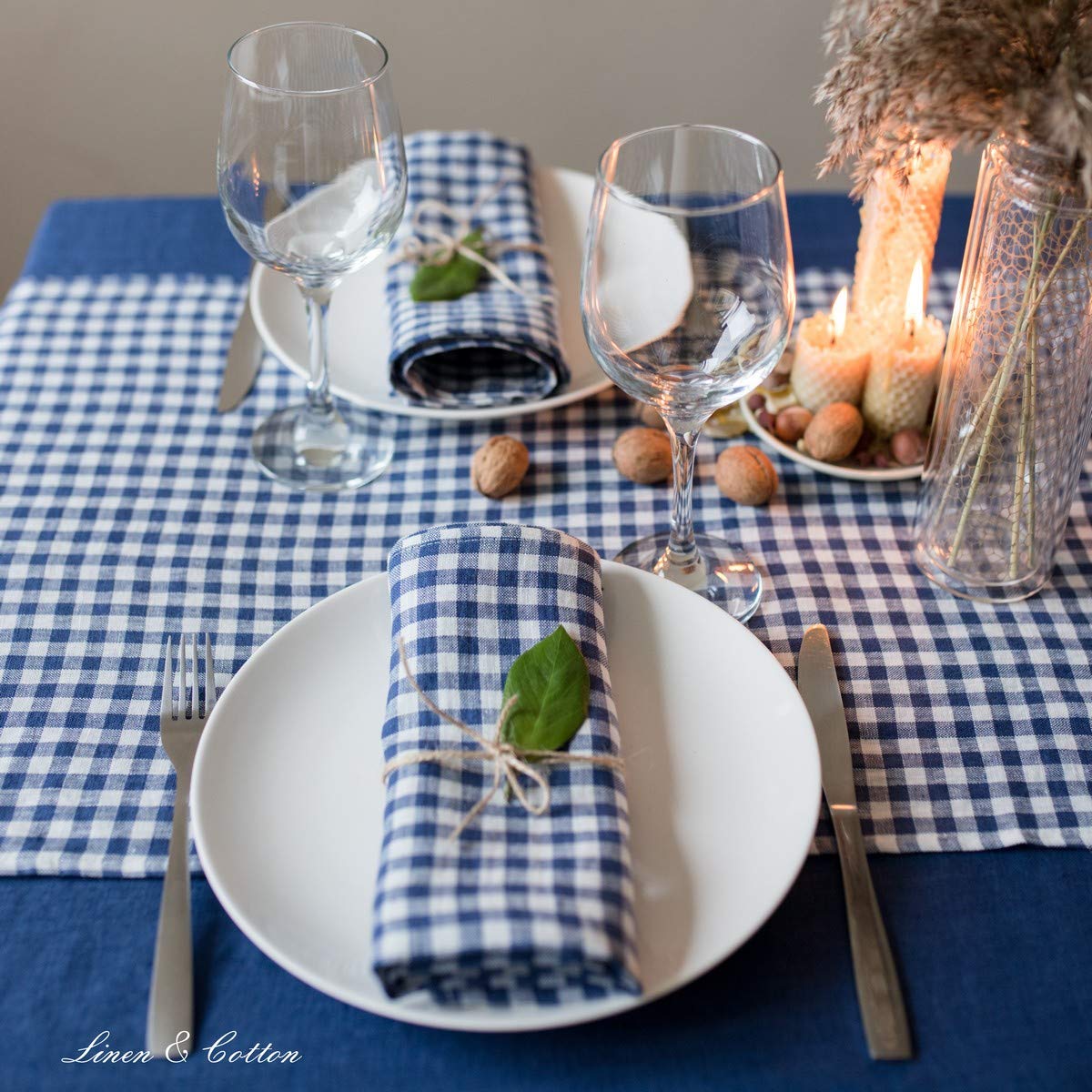 Linen & Cotton Juego de 4 Servilletas de Tela a Cuadros Estella - 100% Lino, Blanco Azul (32 x 32 cm) Suaves Lavable Rústico para Hogar Mesa de Centro de Madera Restaurante Picnic Verano Pascua País