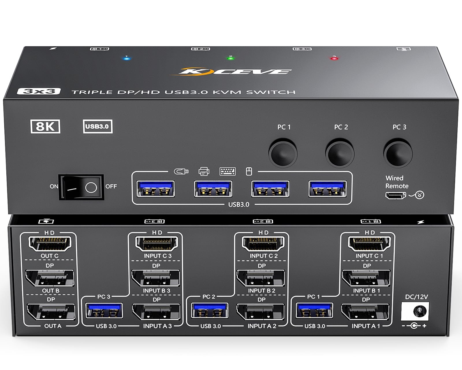 KVM Switch 3 PC 3 Monitor 8K@60Hz 4K@144Hz,HDMI + 2 Displayport Commutateurs KVM 3 PC 3 Ecran pour 3 Ordinateurs Partagés 3 Moniteurs et 4 Ports USB3.0, télécommande filaire et USB 3.0 câbles Inclus