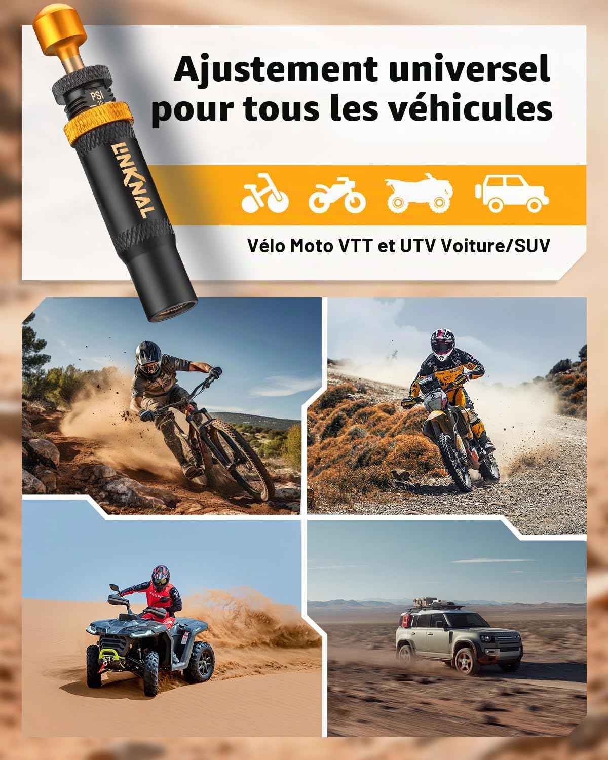 LINKNAL Kit de Valve de dégonflage de Pneu réglable (10–30 psi/0,7–2 Bar), 4 Outils à Visser pour Tout-Terrain, 4x4, Jeep, Camion, SUV – avec Sac de Rangement et 5 Bouchons de Valve