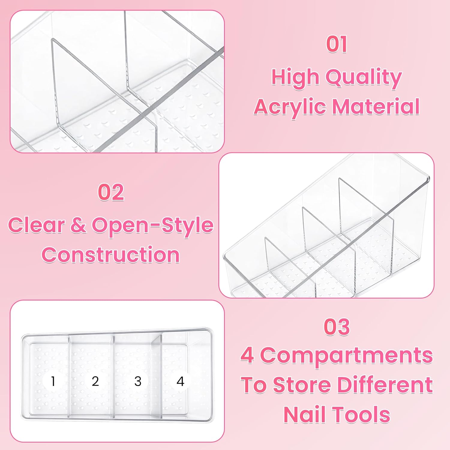 Clear Acrylic Nail Desk Organizer Small 4-Compartment | For Nail Art/Makeup/Beauty Tools Storage, Clear Durable Acrylic, Easy Access, Compact Design, 4 Open Compartments