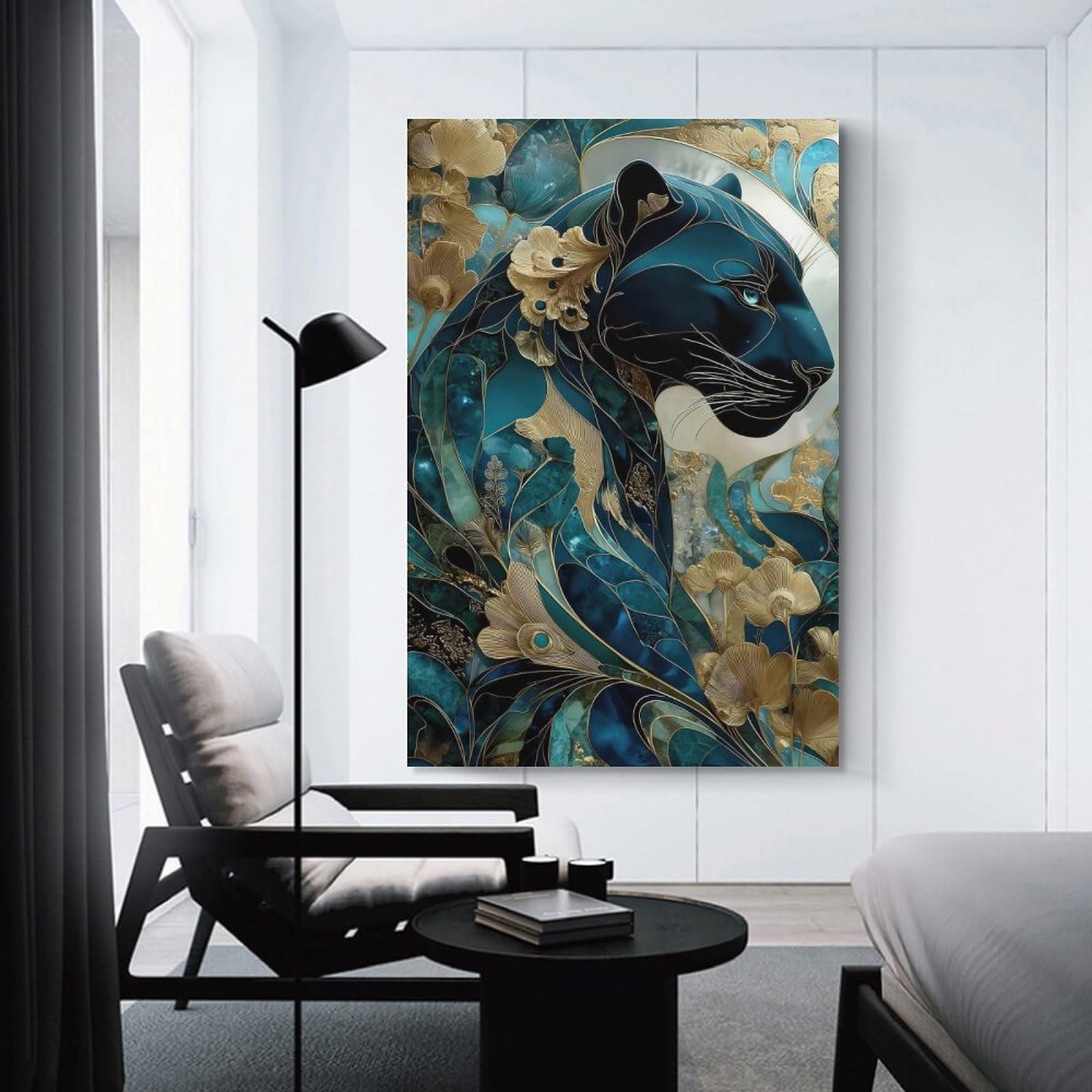 Junmoney Wall Picture Print Elegant Teal And Gold Panther Art, 20x30inch(50x75cm), for Workspace Walls, Study Corners Or Bedrooms, A Smart Decor Choice for Study Walls