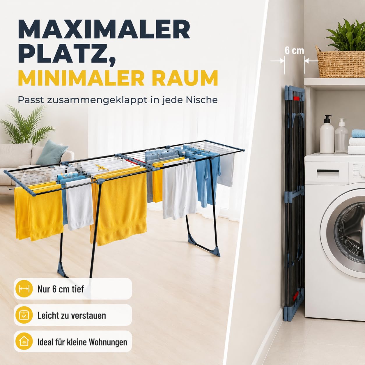 Wäscheständer ausziehbar 20m Trockenfläche – XXL Standtrockner klappbar mit Rollen & Klemmen, für 2 Waschladungen, Balkon & Innen