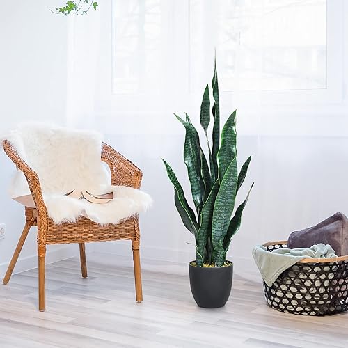 Miniatura 3 de Goplus - Planta artificial especie lengua de vaca, de 36 pulgadas, Sansevieria falsa, con maceta de 6 pulgadas y 20 hojas para decoración de hogar,