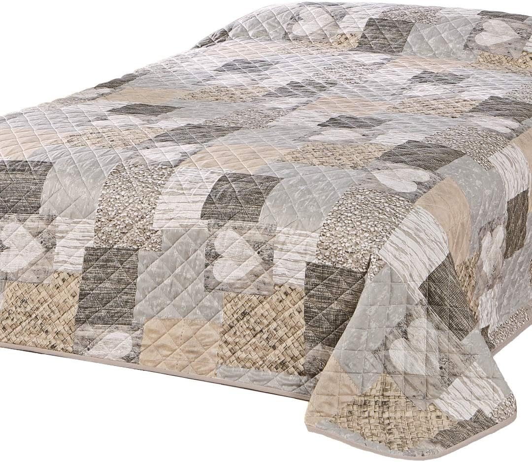 Delindo LifestyleBedspread Bed Throw Hearts for Double Bed, Patchwork Brown, 220 x 240 cm