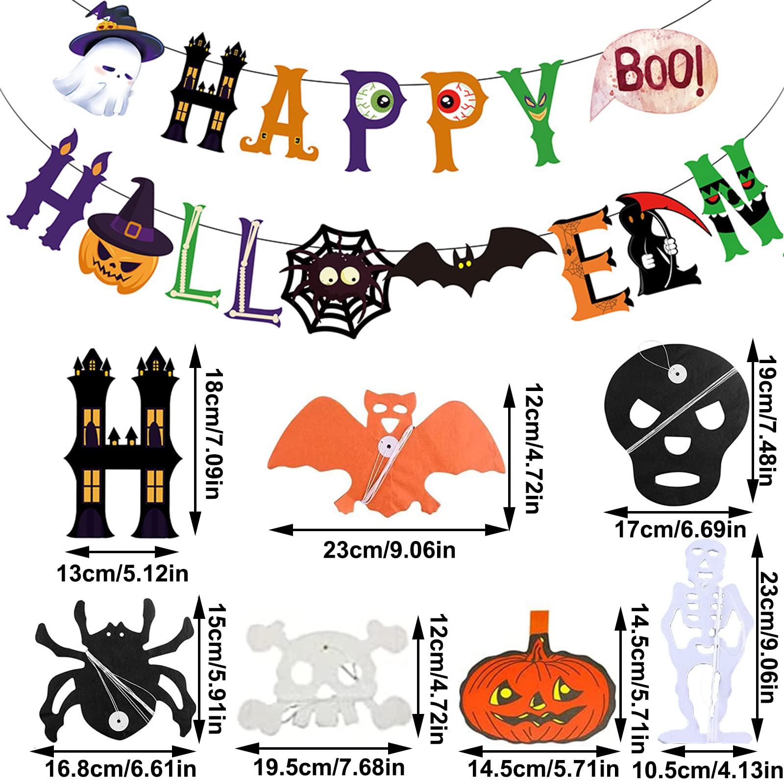 5 Guirlandes Papier Halloween à Suspendre - Motifs Araignée, Citrouille, Chauve-souris, Fantôme, Squelette - 300 Cm - 9