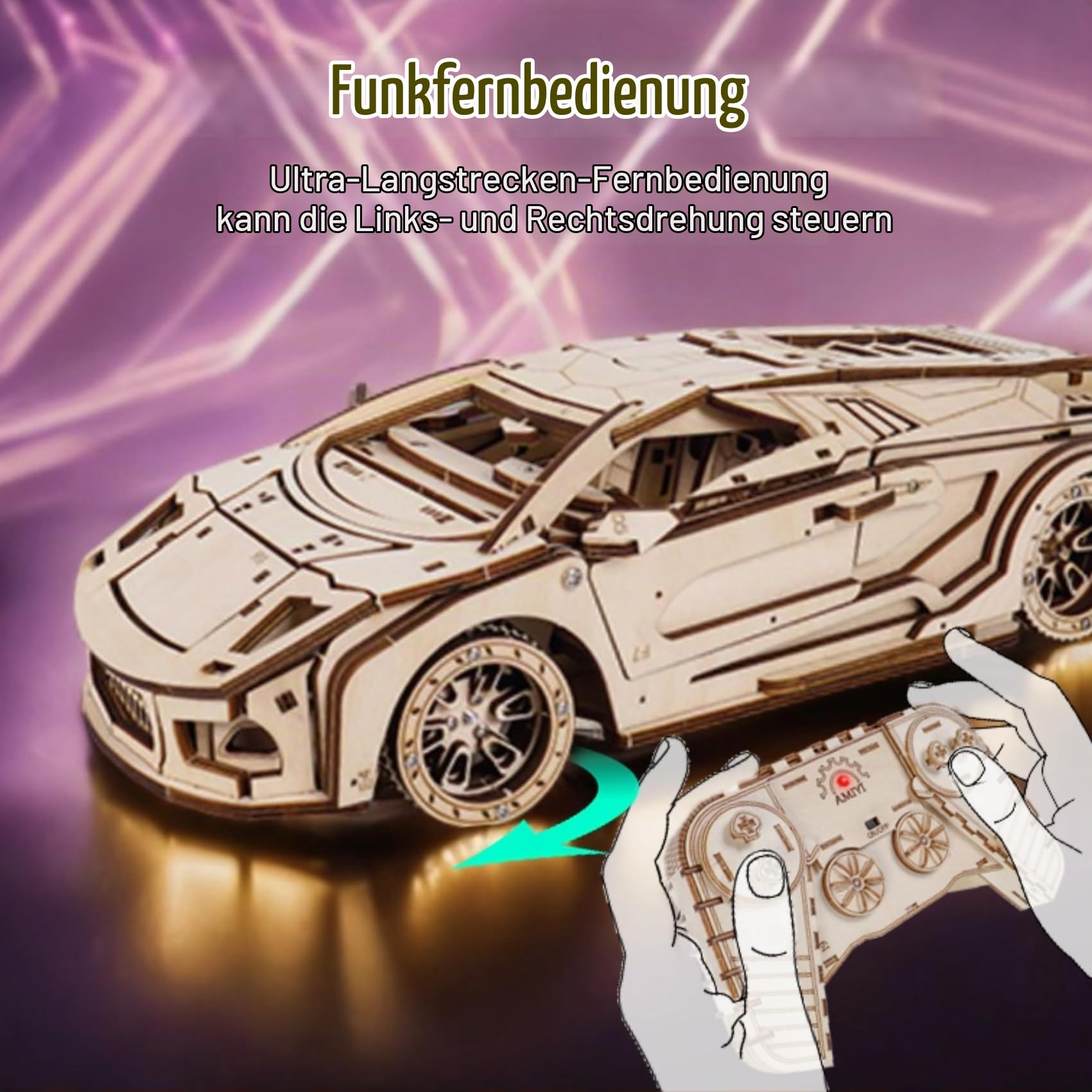 3D Holzpuzzle Erwachsene Auto Ferngesteuert, RC Sportwagen Modellbausatz aus Holz mit Motor Mechanisches DIY Fahrzeug Bastelset Holzbausatz Modellauto, Kreatives Geschenk & Modellbau Hobby