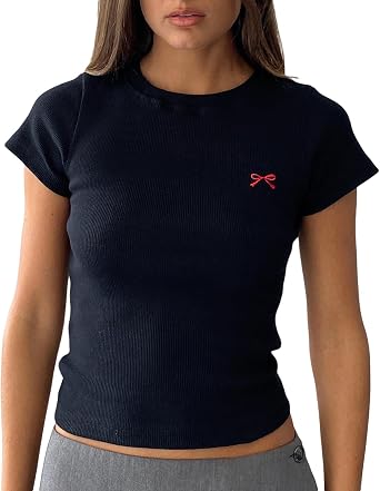 Women Y2K Crop Tops Short Sleeve Ribbed Knit Shirts Cute Bow Embroidery Tee Shirts Teen Girls Slim Fitted Baby Tees