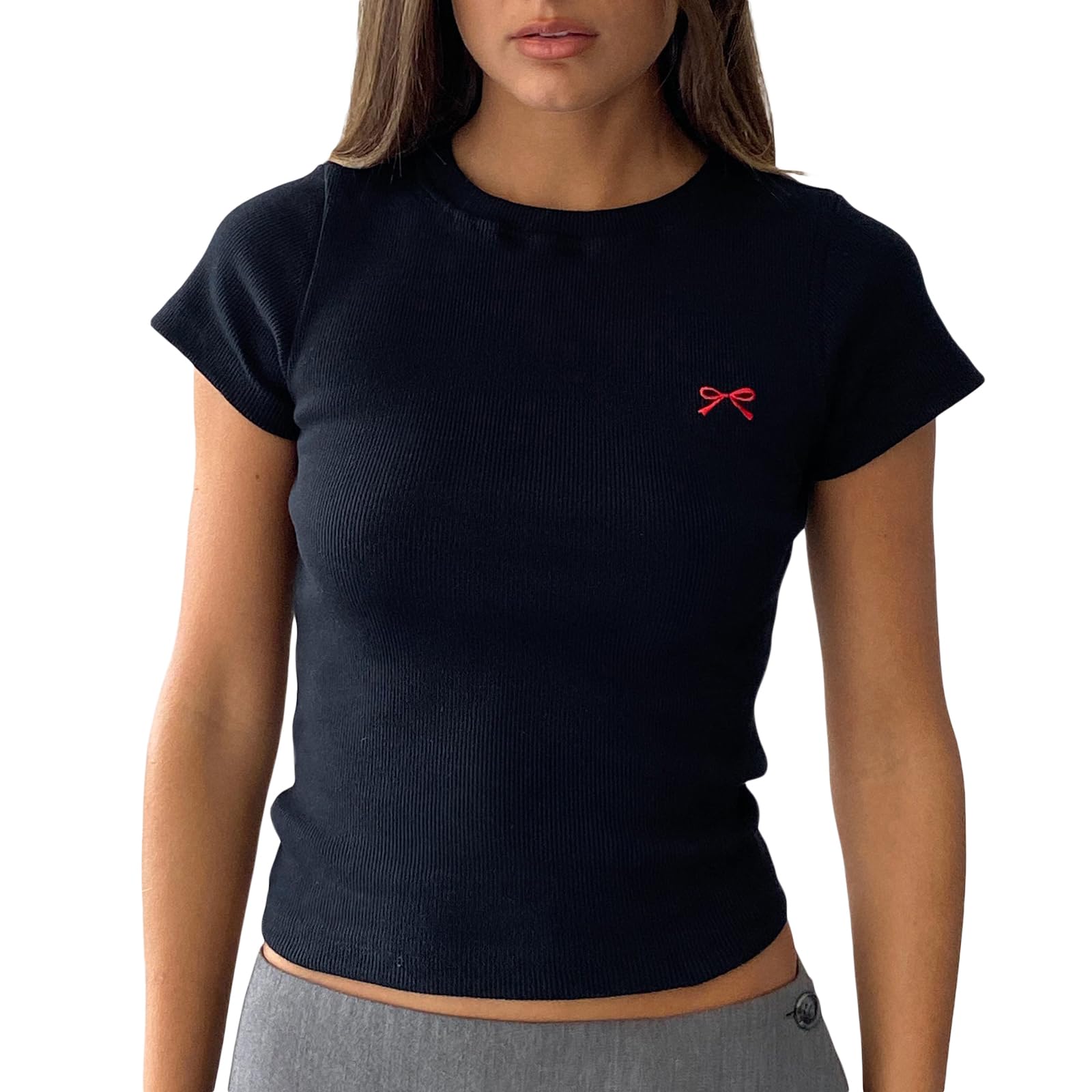 Y2k Graphic Baby Tees Top for Women Short Sleeve Shirt Slim Fitted Crop Top Aesthetic Printed Tees Streetwear