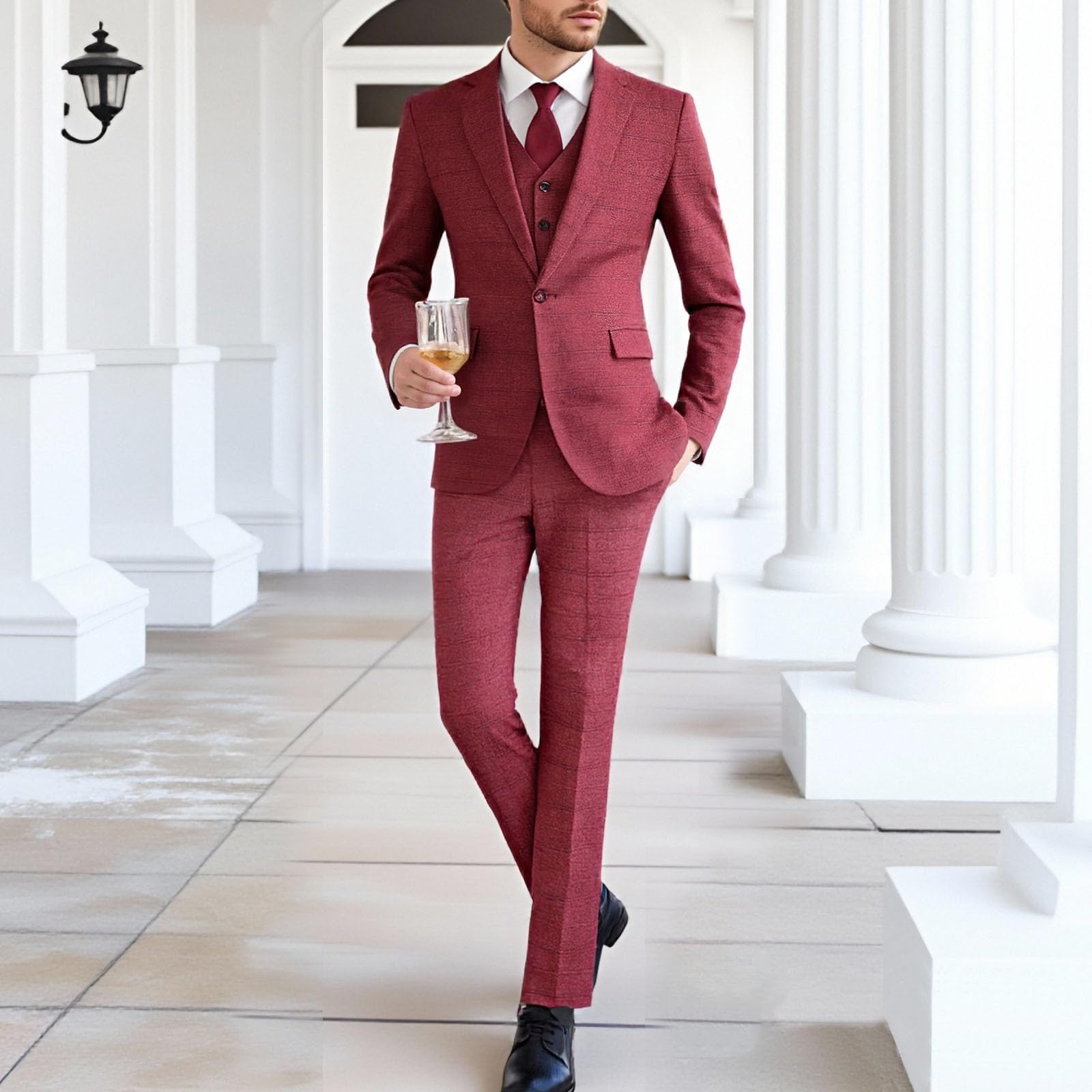 Completo da Uomo in Tweed gessato a 3 Pezzi, vestibilità Slim, con Un Bottone, Rosso, Taglia XL