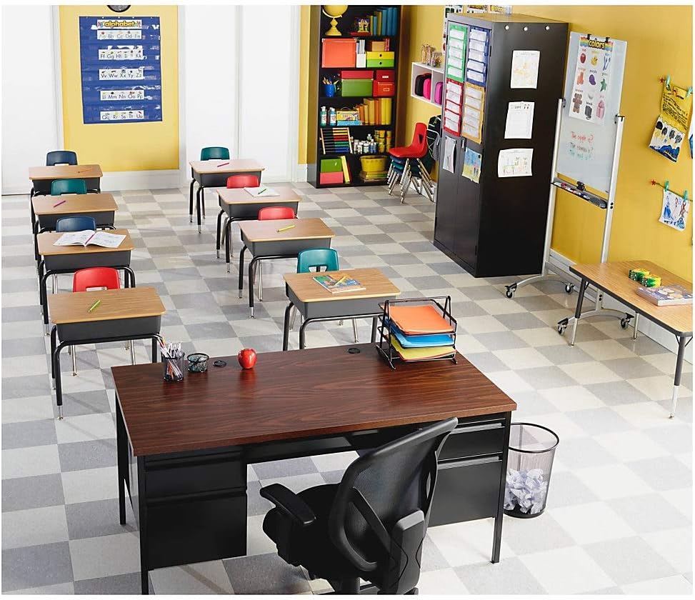 Lorell Classroom Student Stack Chairs, 18"H Seat, Navy/Silver, Set of 4