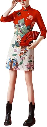 LAI MENG FIVE CATS Women Chinese Cheongsam Print Retro Side Slit Mini Dress