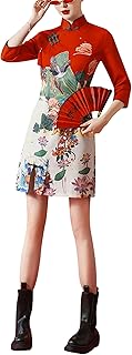 Women's Vintage Chinese Cheongsam Print Short Sleeve Retro Side Slit Mini Dress