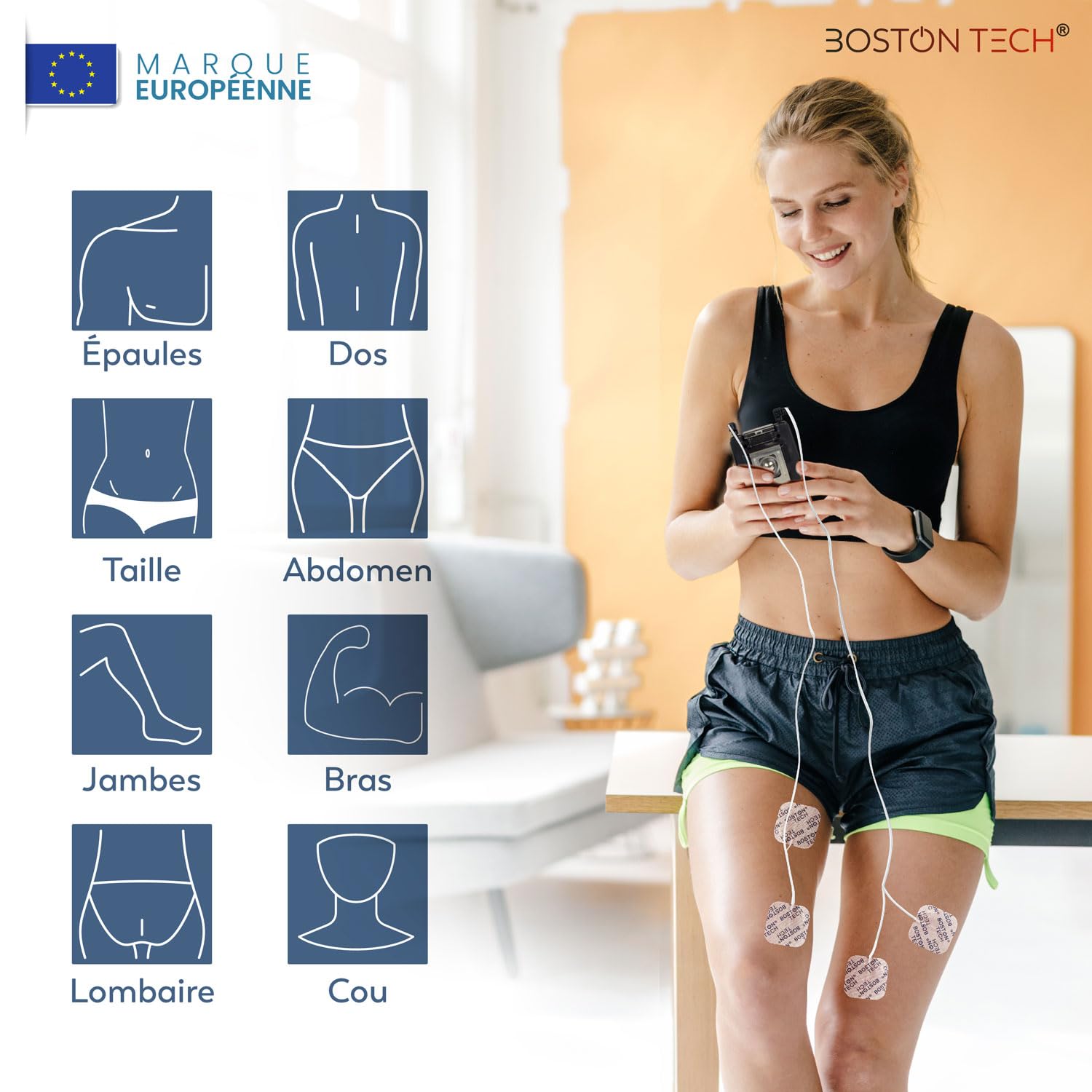 Boston Tech® Électrostimulateur musculaire ME89 PRO | TENS EMS 7 Modes Personnalisables | Soulagement de la Douleur + Stimulation Musculaire | Inclut 4 Électrodes + Batterie 9V + Protection Anti-chute