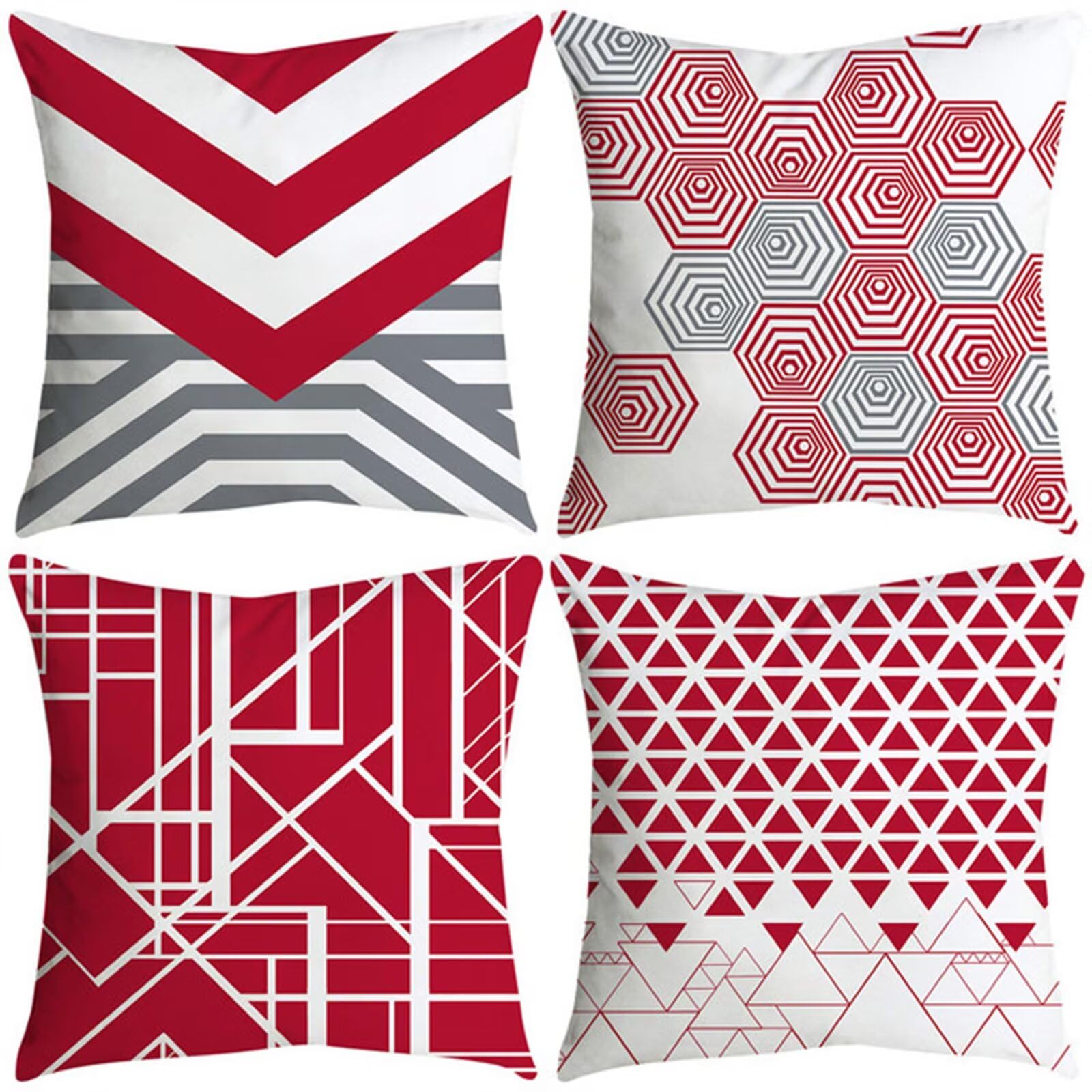 Juego de 4 Impermeable Funda de Cojín Geometría Roja y gris,45x45cm Moderno Suave Transpirables Lino Fundas de Almohada Cojines Decorativos con Cremallera Oculta para Exterior Sofá Cama Coche Hogar