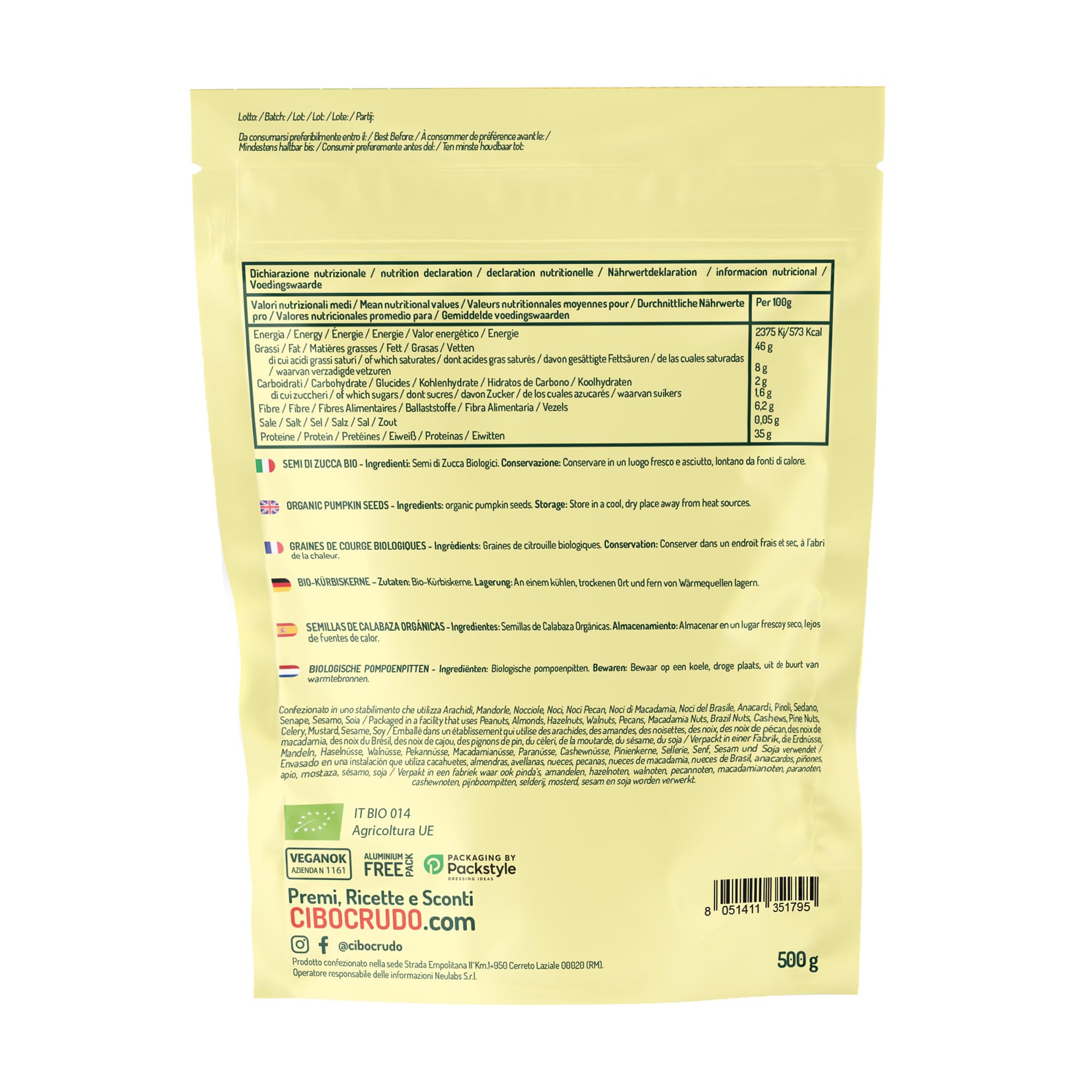 Semillas de Calabaza para Comer Ecologicas - 500g. Pipas de Calabaza Contiene Fibra Proteína Omega-3/6 y Vitaminas B. Organic Pumpkin Seeds.