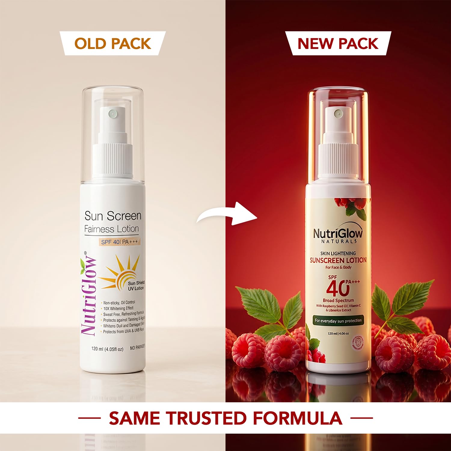 NutriGlow Naturals Skin Lightening Sunscreen Lotion for Face & Body | SPF 40 PA+++ | Broad Spectrum UVA & UVB Protection | With Liquorice Extract, Raspberry Seed Oil & Vitamin E | Lightweight, No White Cast, Non-Greasy | For Men & Women | All Skin Types- Oily, Dry, Sensitive |120 ml Pack of 2 2