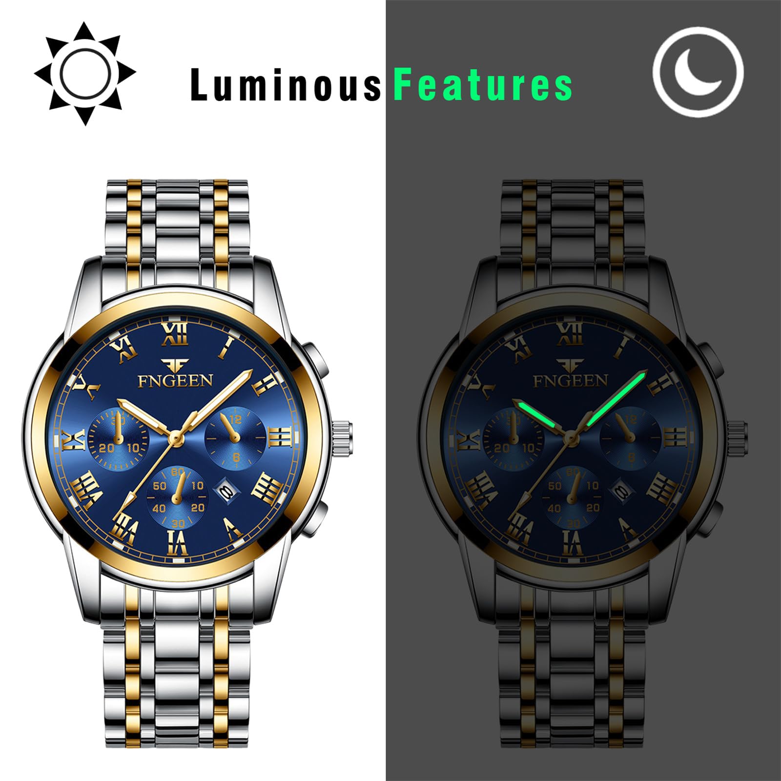 JewelryWe Reloj de vestir de acero inoxidable: reloj de pulsera para hombre y mujer, tono dorado y plateado, luminoso, analógico, de cuarzo, resistente al agua, reloj de pulsera a juego para parejas