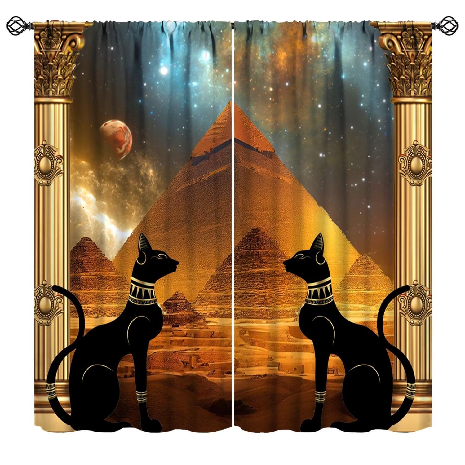 Mchenxin Mysterious Egyptian Curtains, Ancient Egyptian Black Cat Mythology Pyramid Dreamy Starry Sky Moon Print Blackout Window Treatments for Living