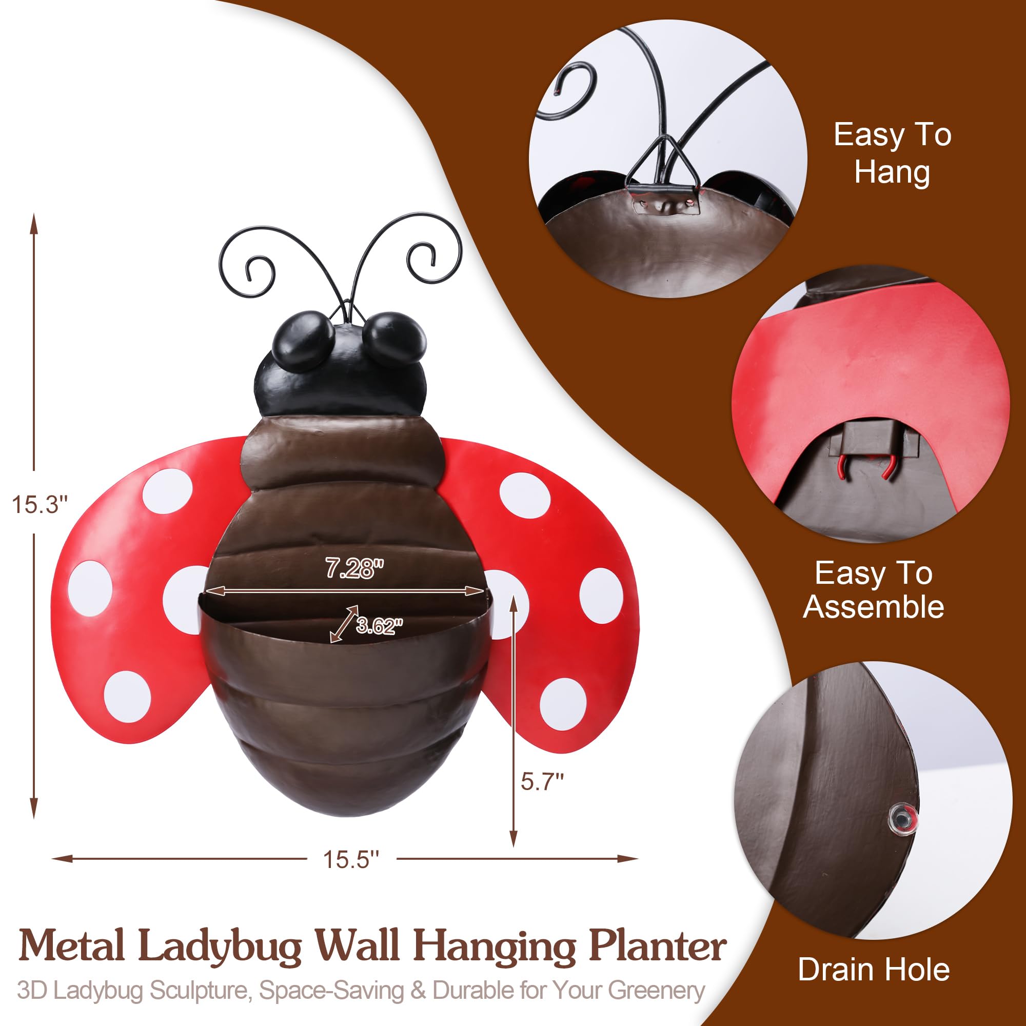 Macetero de pared de metal con diseño de mariquita, maceta colgante para suculentas con drenaje