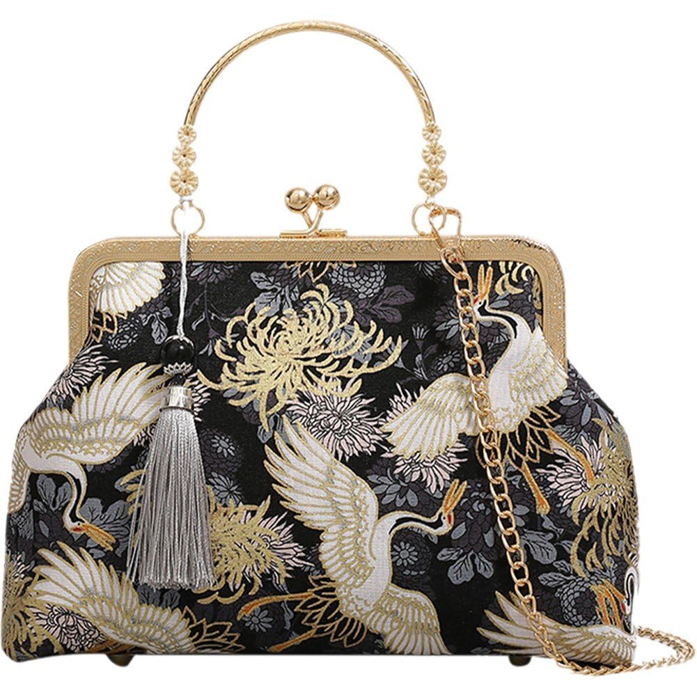 Sac de soirée brodé grue rétro pour accessoiriser une robe de cocktail